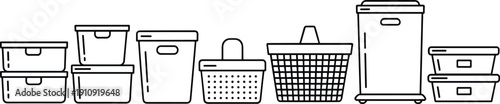 Minimal line icon set of storage containers, bins, baskets, and boxes for organization, packaging, and household sorting illustration vector design
