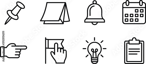 Minimal outline productivity and interface icons including pin note bell calendar pointer flag idea clipboard clean vector set modern design