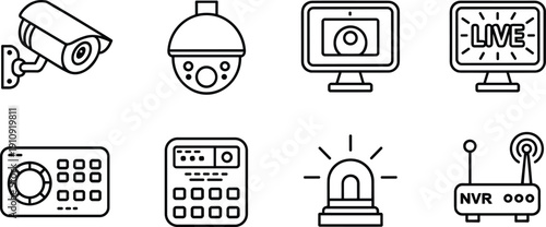 Set of CCTV surveillance and security monitoring icons in minimal black outline, vector collection for camera systems, recording, and protection technology