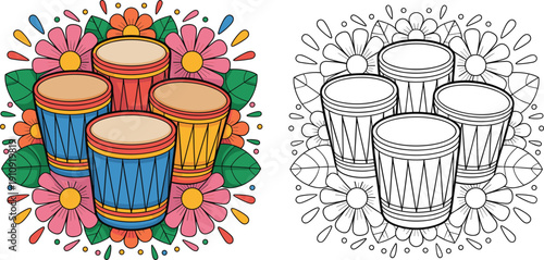 Bongo Drums with Floral Border - Color and Outline Versions