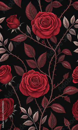 A black and red rose patterned wallpaper