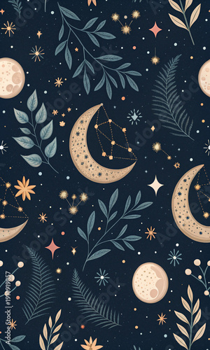 A blue and green patterned background with stars and a moon