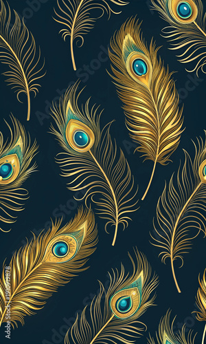 A pattern of gold and blue feathers with a peacock design
