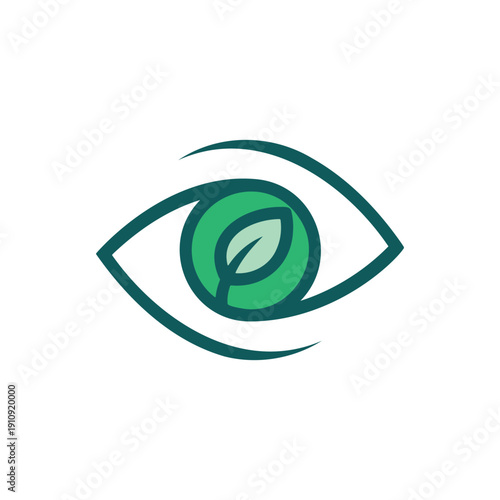 Abstract Eye with Green Leaf Logo, herbal and natural Eye care Brand Logo. Organic Vision.