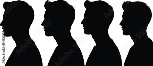 Black silhouette of four identical male profile headshots in a row, concept of human identity, psychology, repetition and personality traits