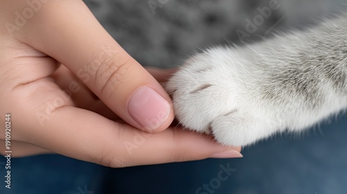 Close up of a cat's paw holding a human hand, emotional connection, soft focus background