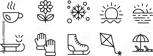 Set of seasonal lifestyle icons in minimal black outline, representing winter, summer, leisure, nature, and outdoor activity vector illustration collection