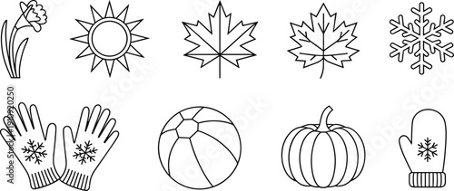 Set of seasonal nature and weather icons in minimal black outline, including sun, leaves, snowflake, pumpkin, gloves, and summer ball