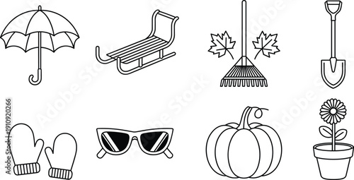 Set of seasonal outdoor and garden icons in minimal black outline, including umbrella, sled, rake, shovel, pumpkin, flower, and mittens