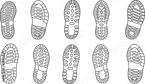 Set of shoe sole tread patterns in minimal black outline, footprint vector collection for footwear design, branding, and texture reference