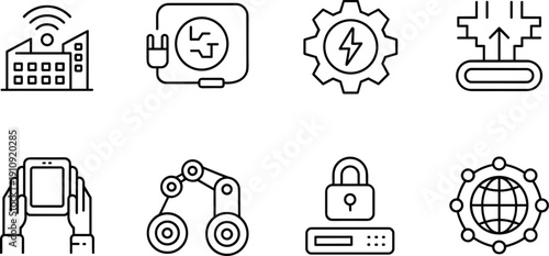 Set of smart technology, automation, and industrial IoT icons in minimal black outline, vector collection for connectivity, security, and digital systems