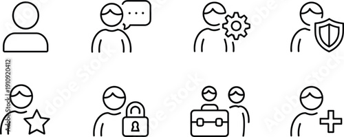 Set of user profile, account management, and customer service icons in minimal black outline, vector symbols for support, security, and roles