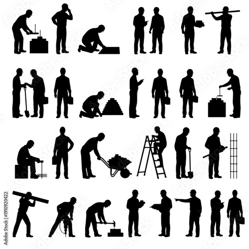 Comprehensive builder silhouettes showing teamwork, material handling, installation, and various stages of construction workflow. Suitable for engineering documentation, construction infographics