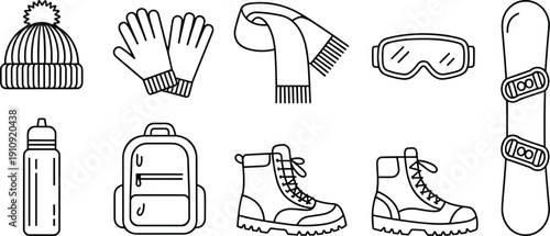 Set of winter clothing and snowboarding equipment in minimal black outline, vector icons for cold weather sport, travel, and outdoor adventure
