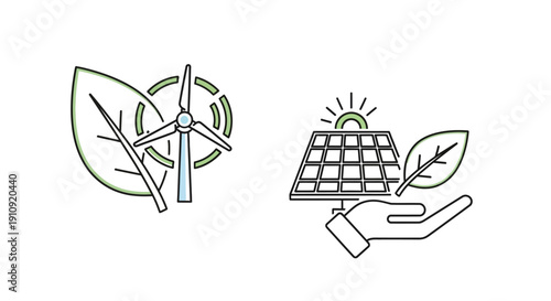 Solar panel and wind turbine icons.