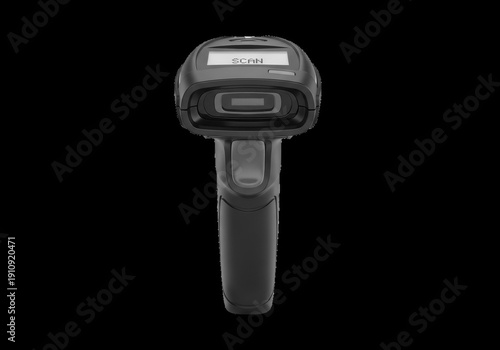 Barcode scanner device with screen and trigger button isolated on transparent background