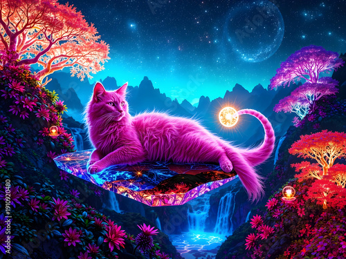 A cat is laying on a rock in a forest with a moon in the sky