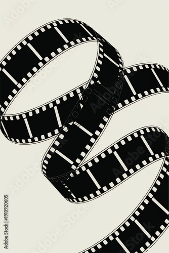 Creative black and white cinema film reel strips flowing diagonally with overlapping layers, classic perforation pattern, clean modern vector illustration.