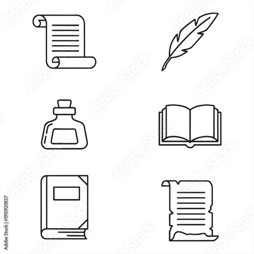A collection of black and white icons representing literature and writing tools on a plain background