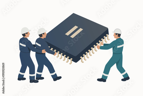 Three workers in hard hats moving a large computer chip
