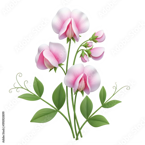 Delicate pink sweet pea flowers with green leaves and stems