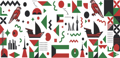 Modern Kuwaiti Cultural Symbols in Memphis Geometric Pattern