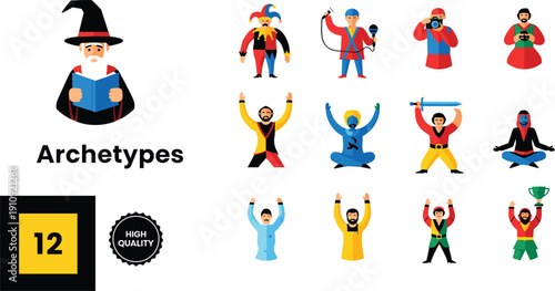 Flat vector illustration set of twelve character archetypes including wizard, jester, singer, photographer, warrior, and winner icons for branding, storytelling, and creative design projects.