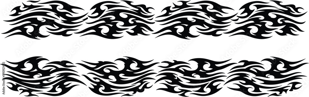 Fototapeta premium Vector illustration of tribal flame designs in black stylized line art symbolizing fire, energy, motion, tattoo, and decorative design