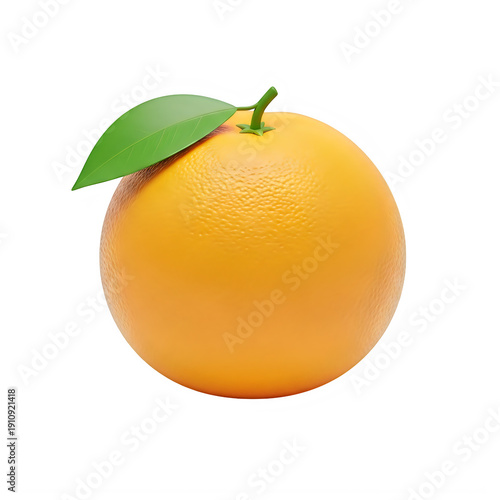 A fresh orange with a green leaf on a white background