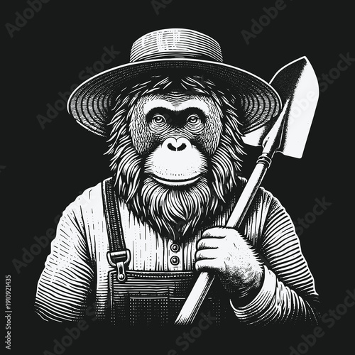 Orangutan Farmer with Shovel: A Vintage-Style Illustration of Hard Work.