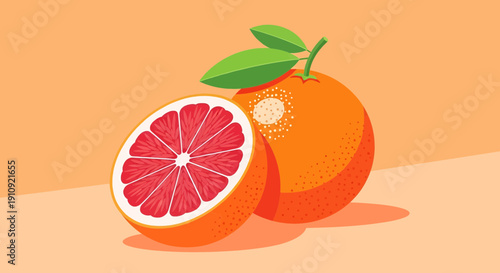 A vibrant and juicy depiction of a freshly cut grapefruit half with a green leaf on top.