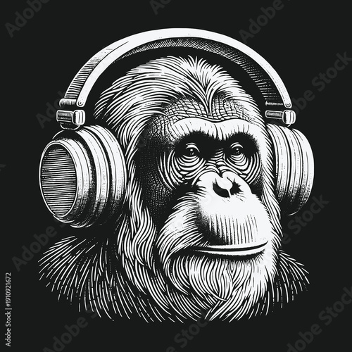 Monkey in Headphones: A Detailed Engraving of an Ape Listening to Music.