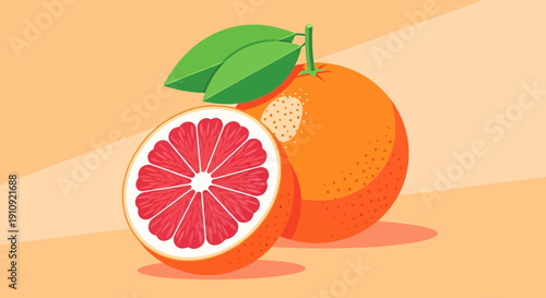 A vibrant citrus fruit split open revealing juicy segments and fresh green leaves.