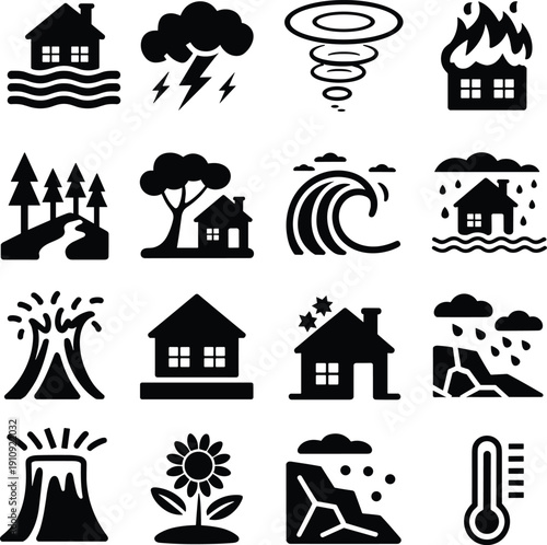 Set of Natural Disaster Icons Including Flood, Tornado, Earthquake, Volcano, Fire and Extreme Weather Symbols for Climate Change and Emergency Concepts Vector Illustration Collection