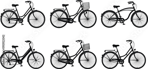 Vector illustration of six different bicycle silhouettes showing unique frame designs, baskets, racks, and accessories representing cycling diversity