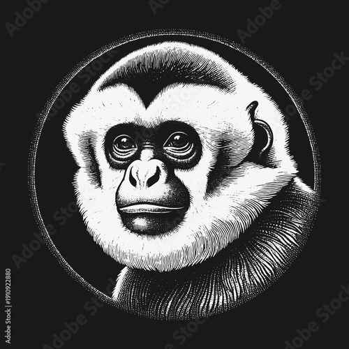 Monochrome Gibbon Portrait: A Study in Simian Serenity and Focus.