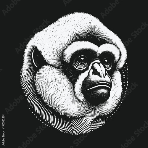 Detailed Monochrome Portrait of a Silvery Gibbon with Intense Gaze.