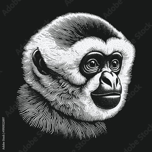 Detailed Engraving of a Gibbons Face with Striking Contrast.