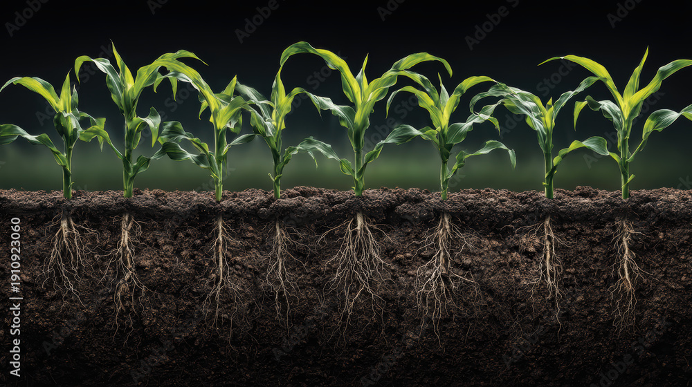Naklejka premium Corn plant agriculture soil root growth farming seedling green corn plant agriculture soil root growth farming seedling concept for food supply