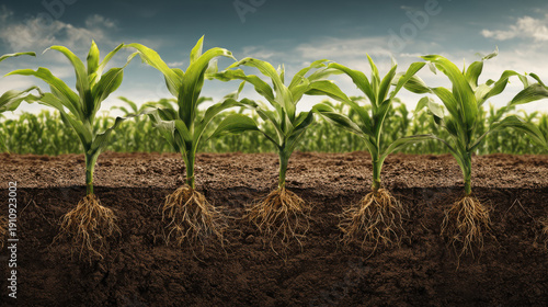 Corn plant root crop field growth healthy agriculture concept food supply stability