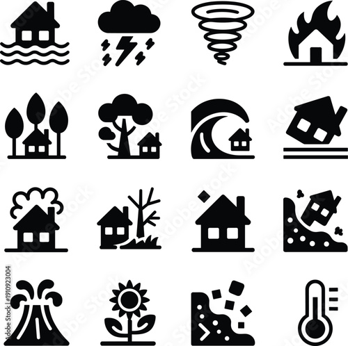 Set of natural disaster icons including flood tornado wildfire earthquake tsunami volcano drought storm lightning landslide and heatwave climate hazard symbols for safety awareness