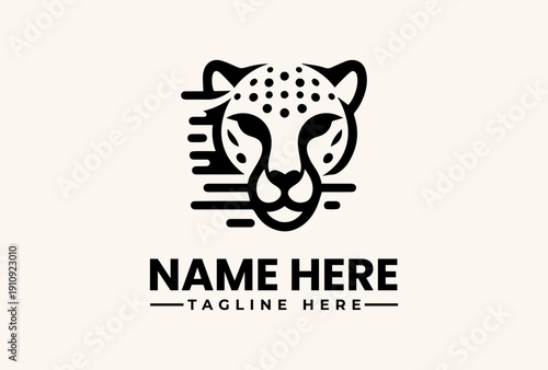 A stylized illustration of a cheetah's face with a modern logo design and text placeholder on a clean white background.