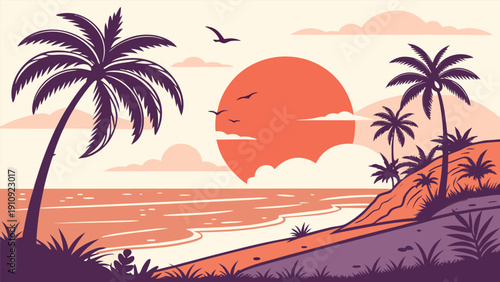  Tropical Sunset Beach with Palm Trees Vector Scene 