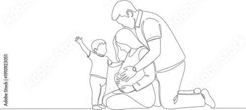A simple line drawing depicts a tender family moment showing parents embracing while their young child reaches toward the pregnant.