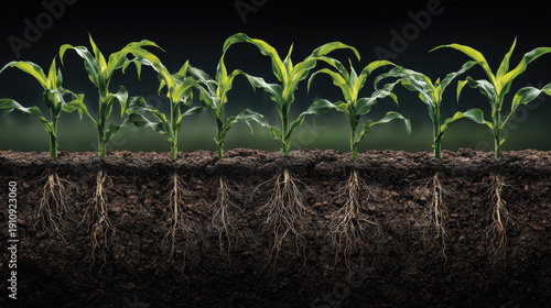 Corn plant agriculture soil root growth farming seedling green corn plant agriculture soil root growth farming seedling concept for food supply