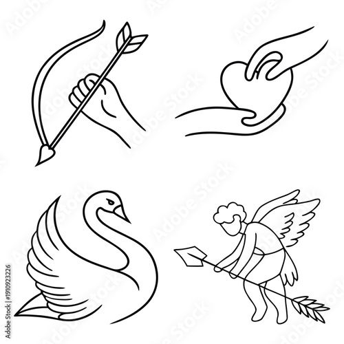 Valentine line icons collection arrow, giving hand, swan, cupid