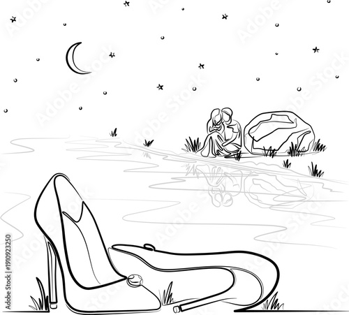 Romantic Night Sketch: Lost Heels by the Lake, discarded high-heeled shoes and a couple in love under the stars on the riverbank - black and white line art