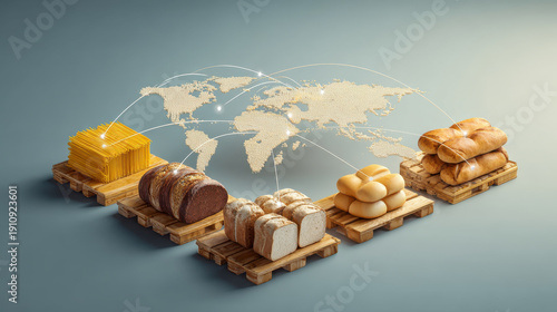 Global bread supply chain concept pasta bread loaf bun baguette bakery global supply chain food carbohydrate wheat grain pallet map world