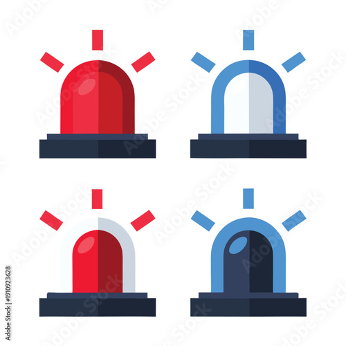 Four police emergency light in red and blue colors with rays