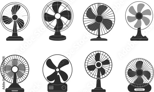 Electric table fan vector icon set, different cooling blower designs and ventilator symbols for summer